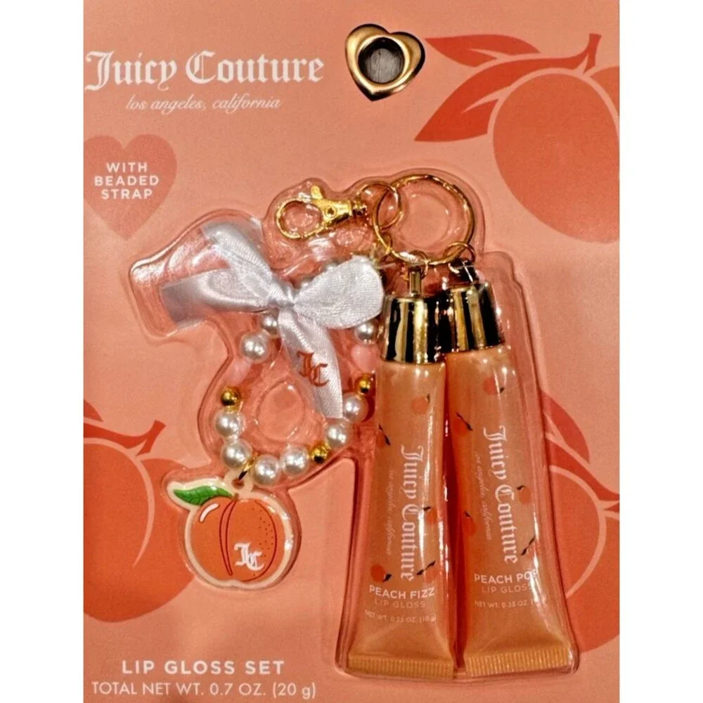 Juicy Couture Peach Liquid Lip Gloss Set Shine Effect w/ Beaded Strap Charm